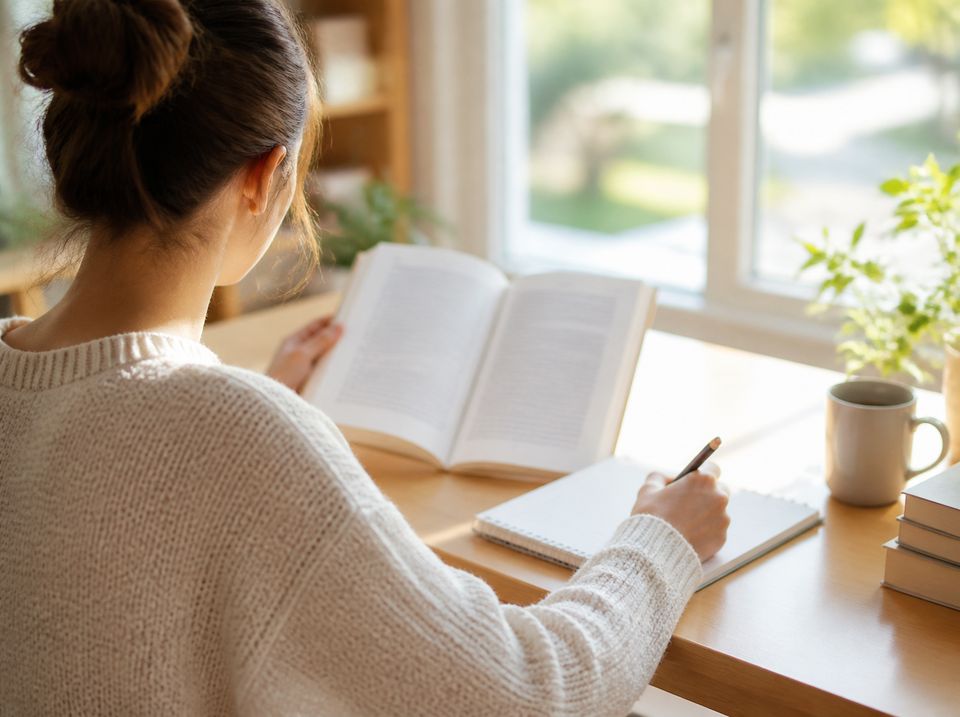 Apprenante lisant un livre en anglais et prenant des notes près d'une fenêtre