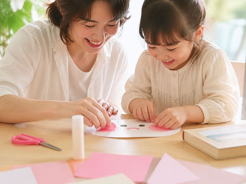 Une mère et sa fille réalisant un bricolage en papier
