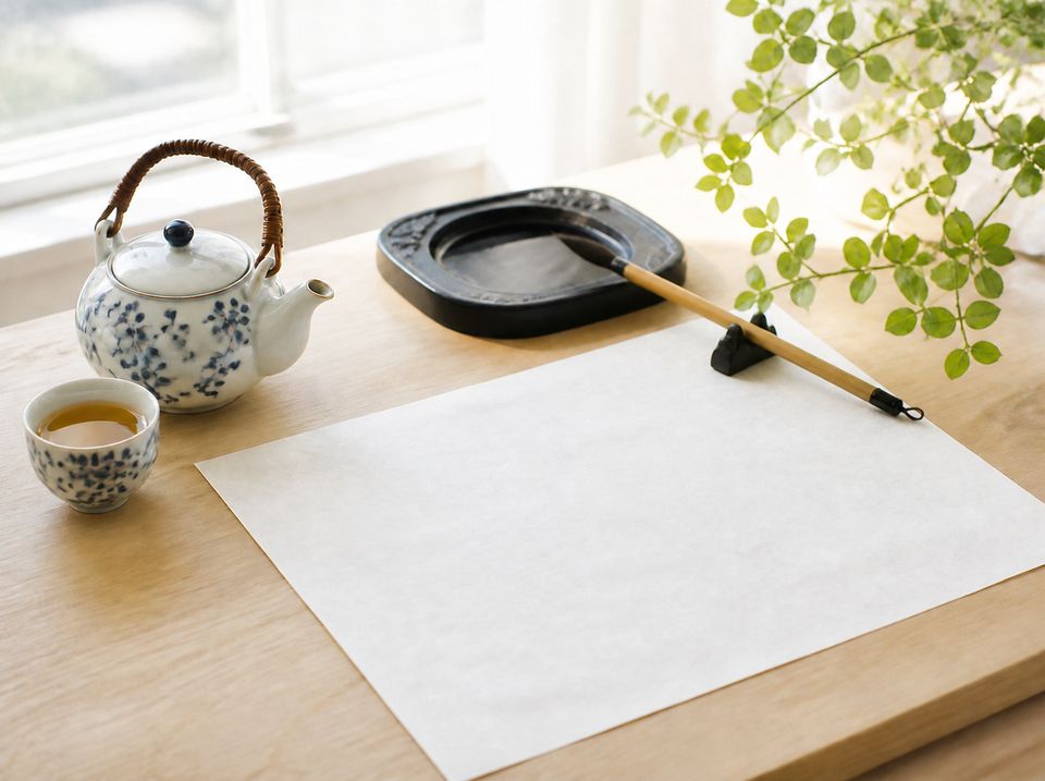 Théière, tasse de thé, pierre à encre et pinceau de calligraphie sur une table près d'une fenêtre