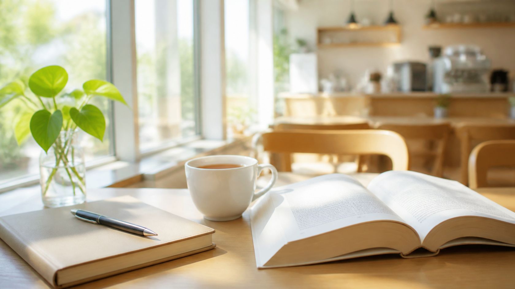Table lumineuse dans un café avec un carnet, une tasse de thé et un livre en anglais ouvert, près d'une grande fenêtre